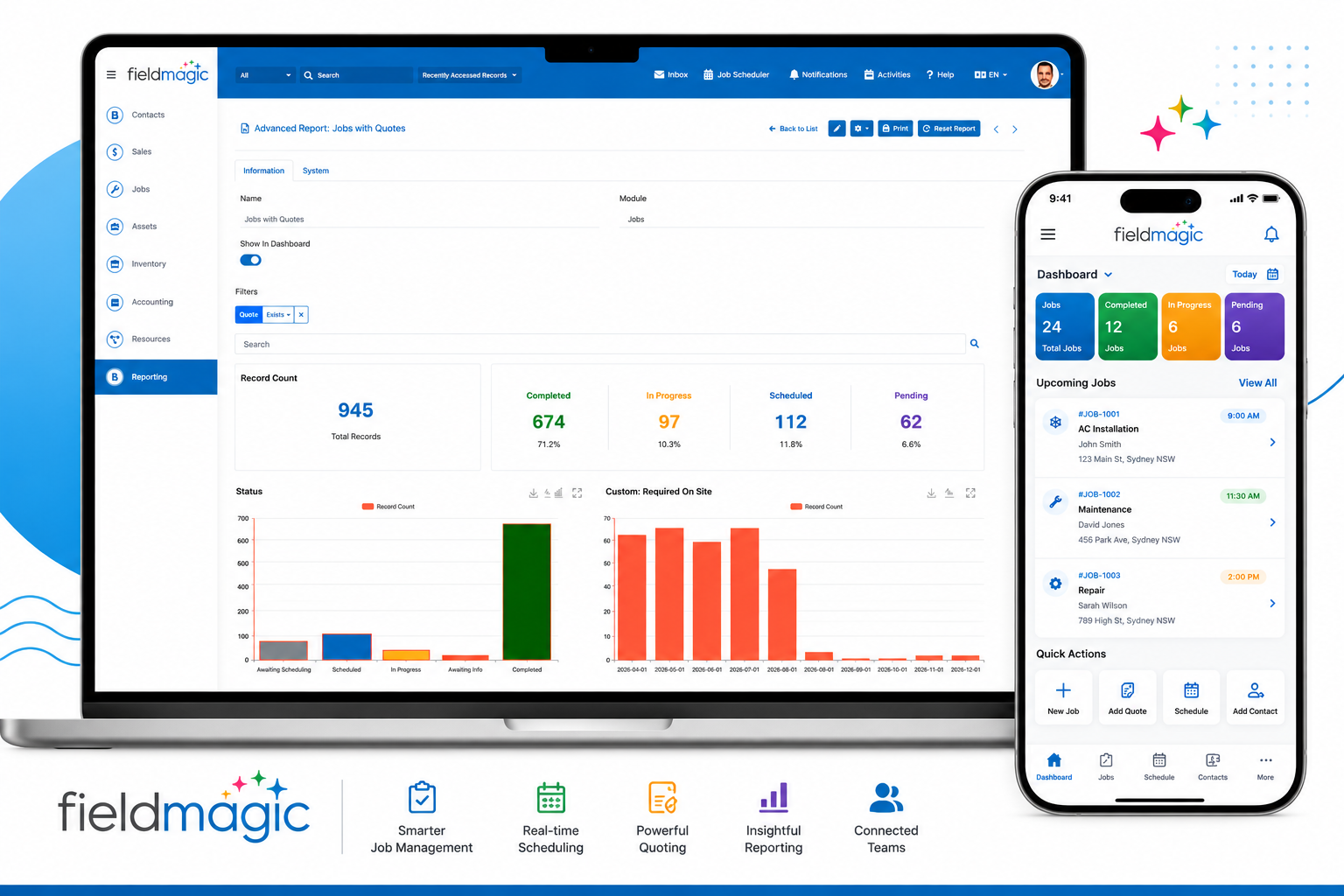Fieldmagic running on a laptop showing an advanced jobs and quotes report, alongside the mobile technician app dashboard with upcoming jobs and quick actions