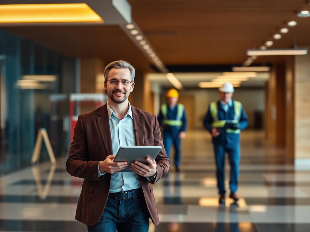 Facilities manager reviewing maintenance work on a tablet in a building lobby