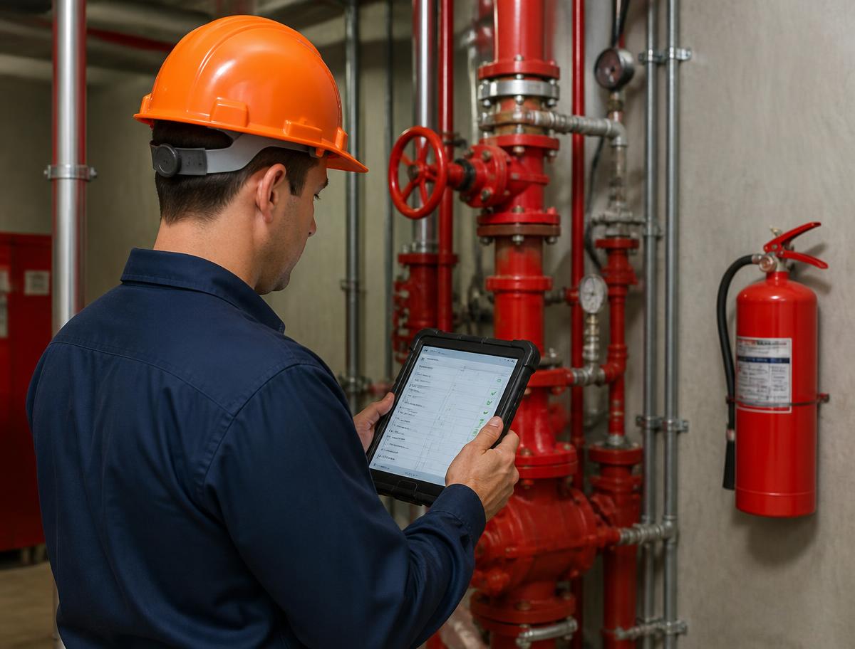 Fire protection technician inspecting an extinguisher and hydrant booster with a tablet