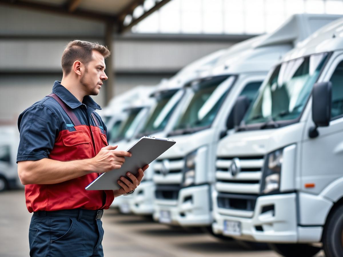 Fleet mechanic inspecting a line of service vehicles in a depot