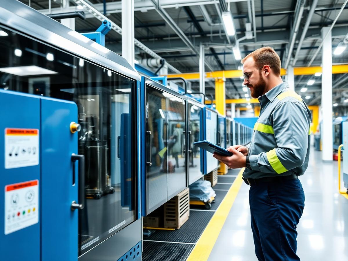 Maintenance engineer inspecting production machinery on a factory floor